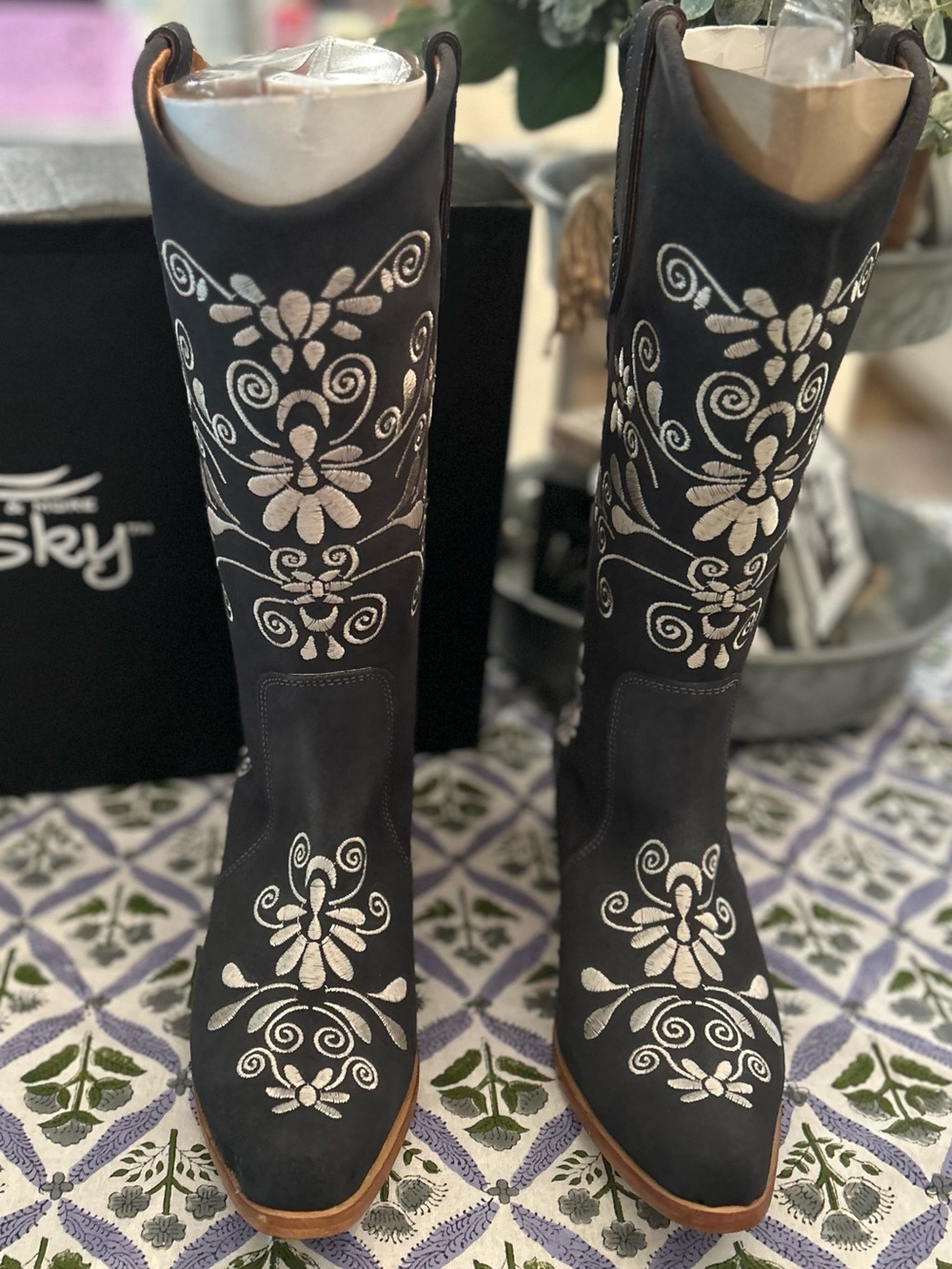 Embroidered Navy cowgirl Boots with Ivory Floral Detail